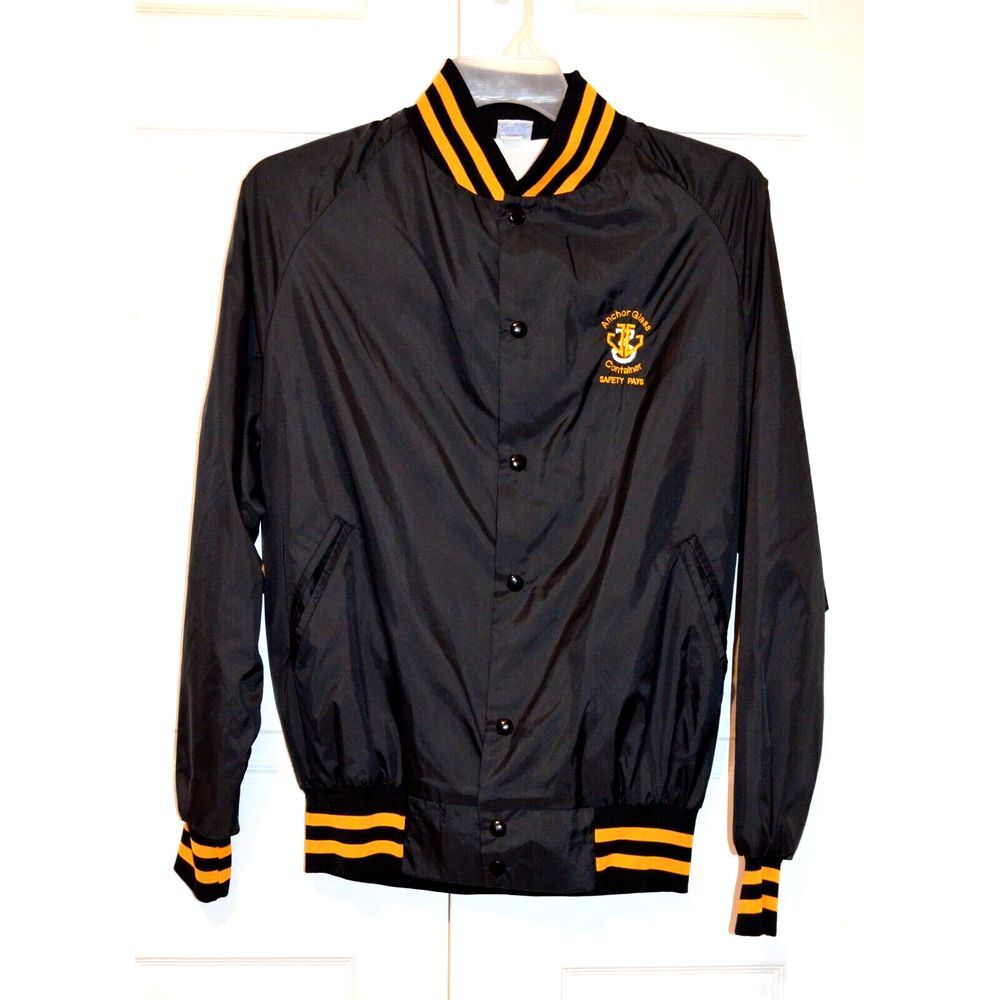 Vtg Windjammer Jacket Sz L Black w/ Yellow Stripes Anchor Glass Containers Logo